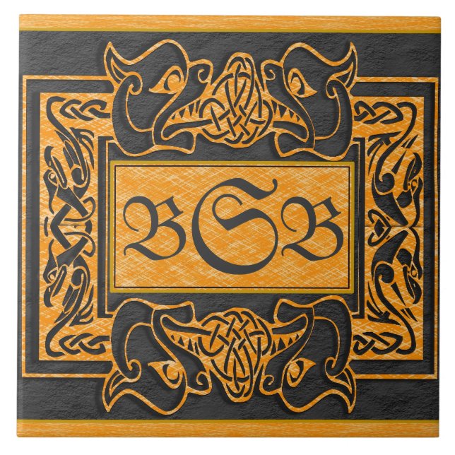 "Gelber Dragons-Atem" 3 Initial Monogramm Tile Fliese (Vorderseite)