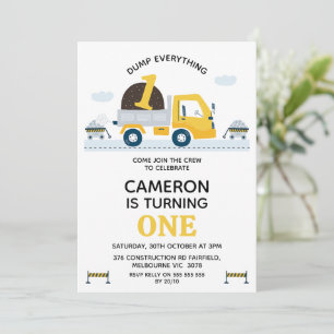 Gelber Dump Truck Dump Alles 1. Geburtstag Einladung