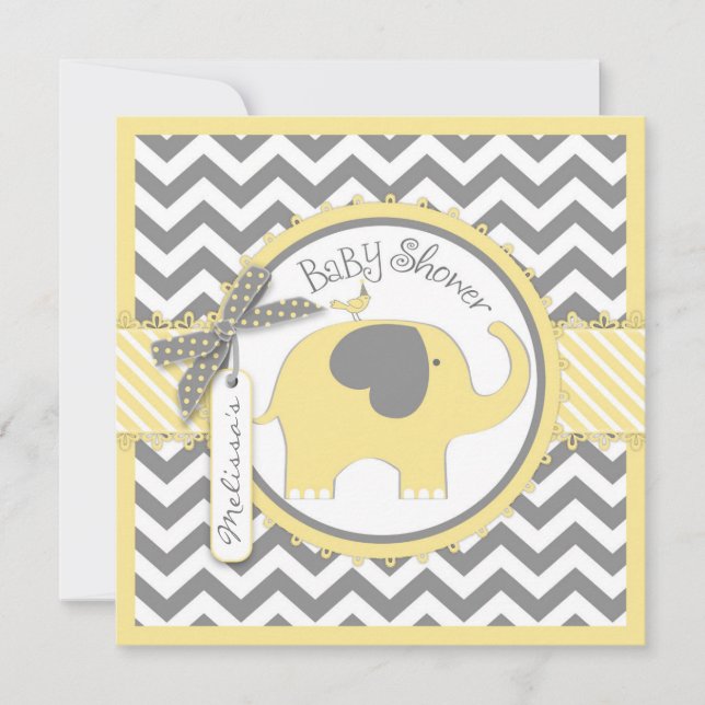 Gelber Elefant und Zickzack Print-Baby-Dusche Einladung (Vorderseite)