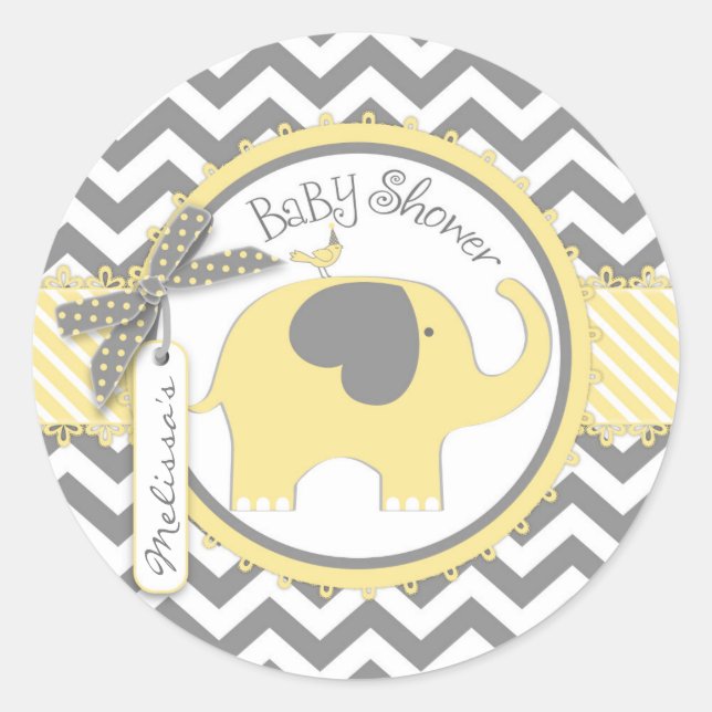 Gelber Elefant und Zickzack Print Baby Dusche Runder Aufkleber (Vorderseite)
