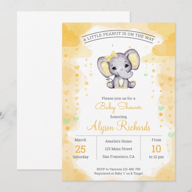 Gelber Elefant Watercolor Kinderdusche Einladung (Vorne/Hinten)