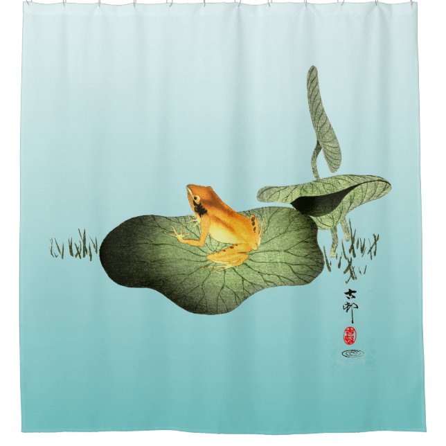 Gelber Frosch auf Lotus Leaf Duschvorhang (Vorderseite)