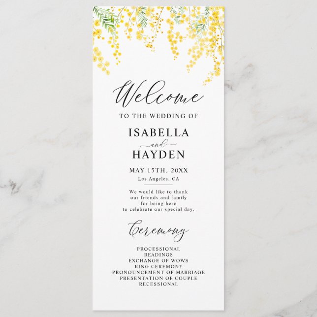 Gelber Frühling Elegantes florales Hochzeitsprogra Programm (Vorderseite)