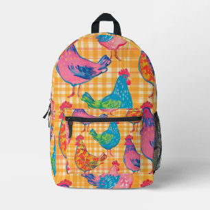 Gelber Gingham-Druck mit mehrfarbigen Hühnern Bedruckter Rucksack