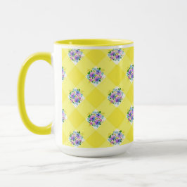 Gelber Gingham und Lila blauer Blumenland Tasse