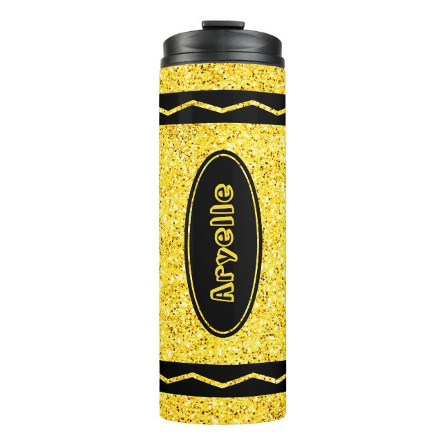 Gelber Glitzer Crayon Individuelle Name Getränk Thermosbecher (Vorderseite)
