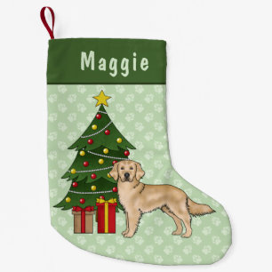 Gelber Golden Retriever Hund mit Weihnachtsbaum Kleiner Weihnachtsstrumpf