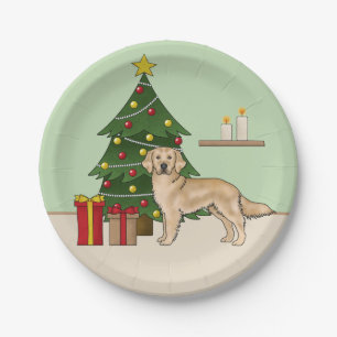 Gelber Goldener Retriever mit Weihnachtsbaum grün Pappteller