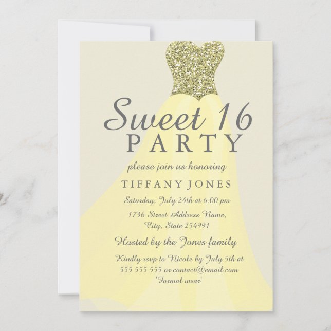 Gelber goldglatter Glitzer Gown Sweet 16 Einladung (Vorderseite)