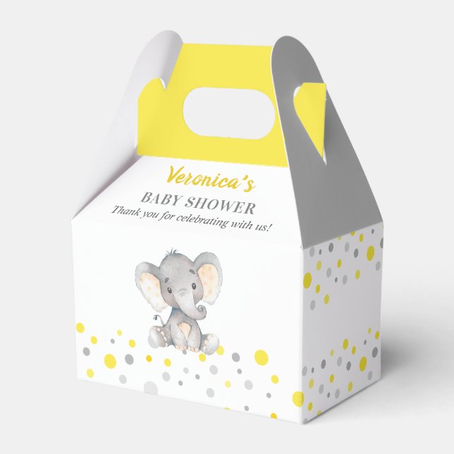Gelber grauer Elefant Polka Dot Neutral Baby Dusch Geschenkschachtel (Vorderseite)