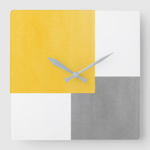 Gelber graues Weiß-geometrischer Block Quadratische Wanduhr