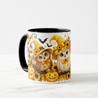 Gelber Halloween-Eulen-Kürbis- und Sonnenblumen-Be Tasse