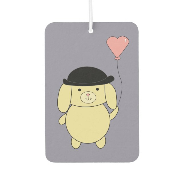 Gelber Hund in Bowlerhut mit Herzballon Autolufterfrischer (Vorderseite)