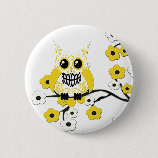 Gelber Kirschblüten-Eulen-Knopf Button (Vorderseite)