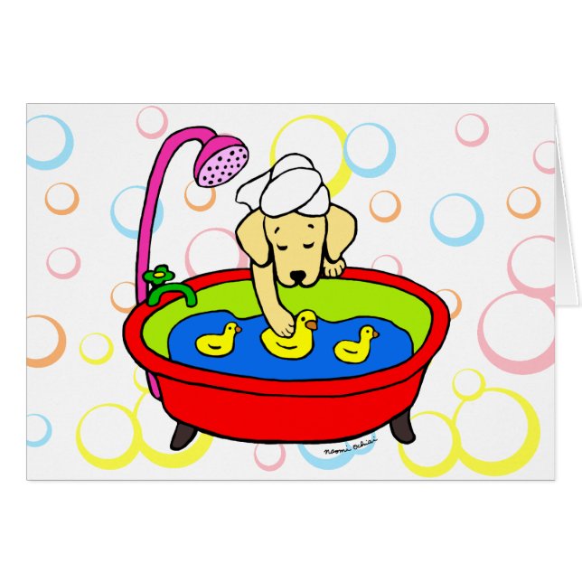 Gelber Labrador- u. Gummi-Enten-Cartoon (Vorderseite (Horizontal))
