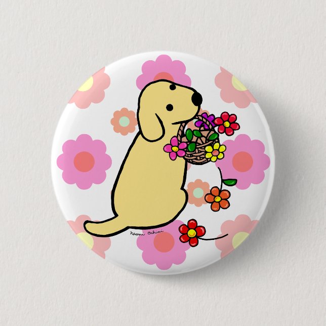 Gelber Labrador-Welpen-Blumen-Korb-Cartoon Button (Vorderseite)