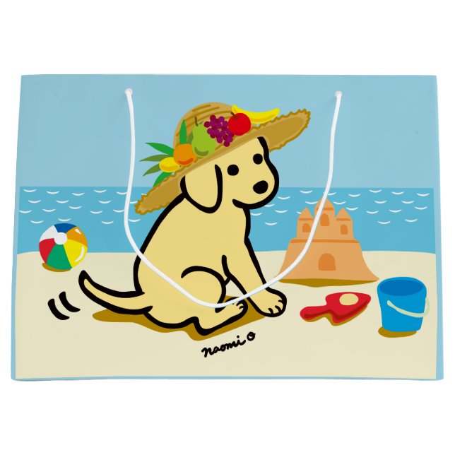 Gelber Labrador-Welpen-Strohhut-Cartoon Große Geschenktüte (Vorderseite)