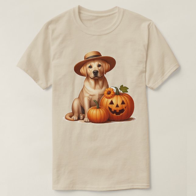 Gelber Labrador Welpenhalter mit Pumpkins T-Shirt (Design vorne)