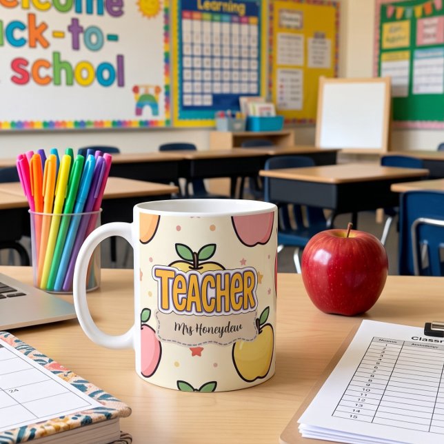 Gelber Lehrer Apfel Schule Muster  Kaffeetasse (Von Creator hochgeladen)