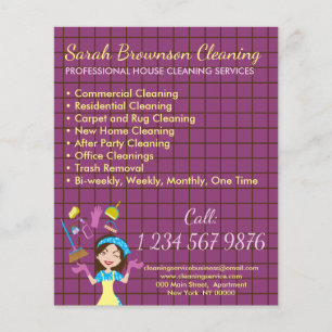 Gelber lila Hausreiniger-Schutzhandschuh-Schürze Flyer