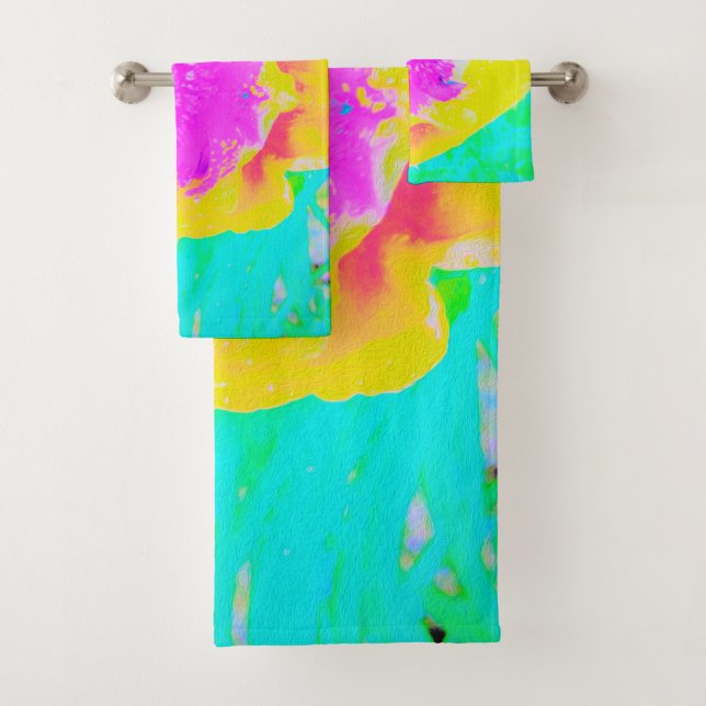 Gelber Mohn mit Hot-Pink-Mitte auf Türkis Badhandtuch Set (Insitu)