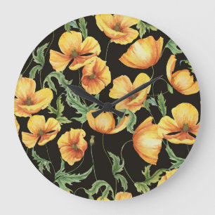Gelber Mohn-Wasserfarben-Blumenmuster Große Wanduhr