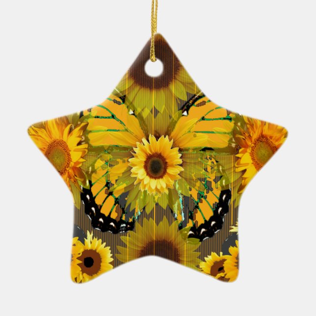 Gelber MONARCHFALTER u. Sonnenblume KUNST Keramikornament (Vorne)