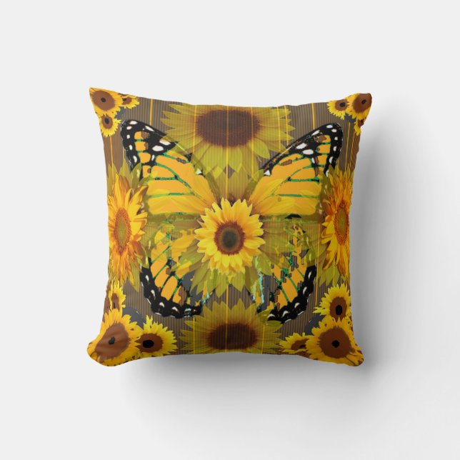 Gelber MONARCHFALTER u. Sonnenblume KUNST Kissen (Vorderseite)