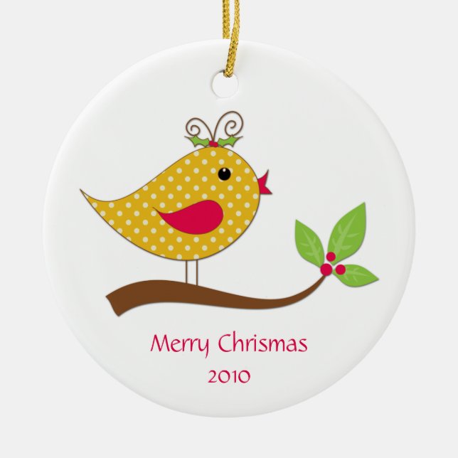 Gelber Polka Dot Love Bird auf Zweig Keramikornament (Vorne)