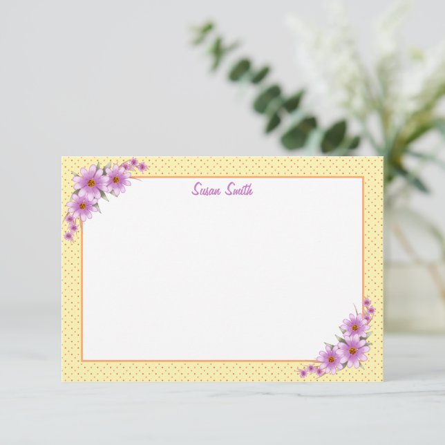 Gelber Polka-Dot und Blumenlatte Mitteilungskarte (Stehend Vorderseite)