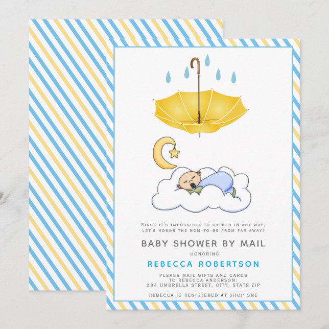 Gelber Regenschirm, schlafende Baby-Boy-Dusche per Einladung (Vorne/Hinten)