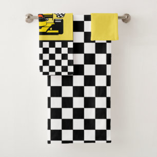 Gelber Rennwagen: Schachbrett-Flagge Badhandtuch Set