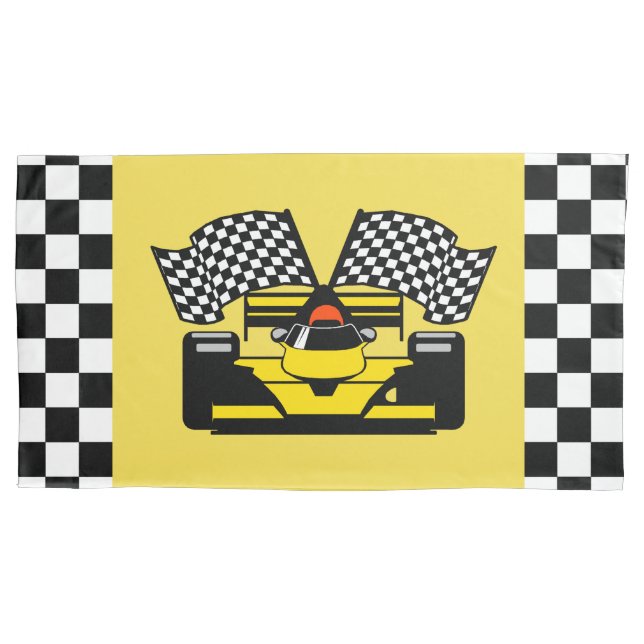 Gelber Rennwagen: Schachbrett-Flagge Kissenbezug (Vorderseite)