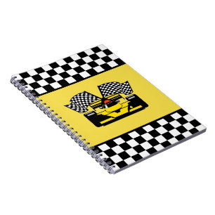 Gelber Rennwagen: Schachbrett-Flagge Notizblock