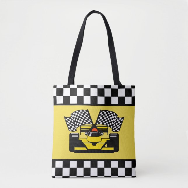 Gelber Rennwagen: Schachbrett-Flagge Tasche (Vorderseite)