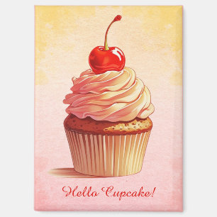 Gelber Rosa Vintage-Stil Kirsch Cupcake  Magnet