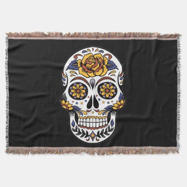 Gelber Rosenzucker-Schädel auf schwarz Decke (Vorderseite)