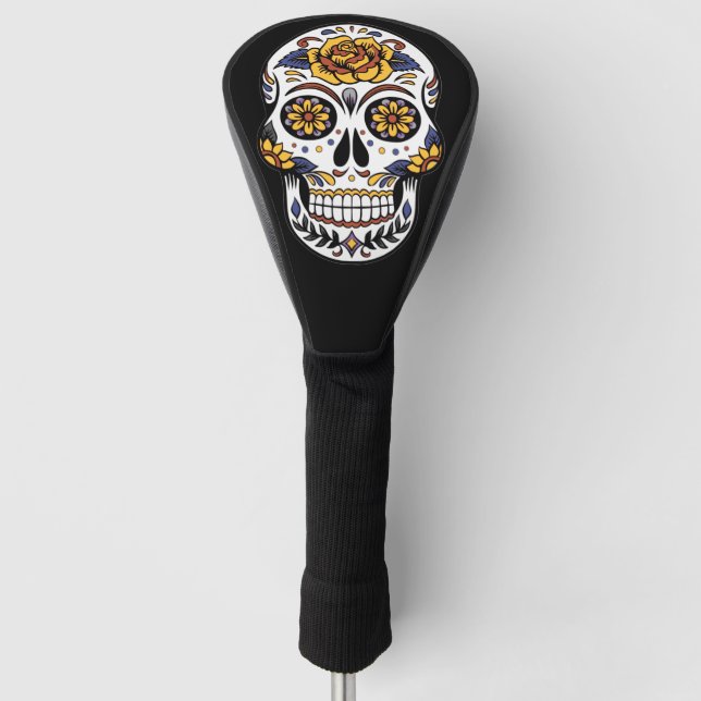 Gelber Rosenzucker-Schädel auf schwarz Golf Headcover (Vorderseite)