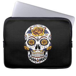Gelber Rosenzucker-Schädel auf schwarz Laptopschutzhülle