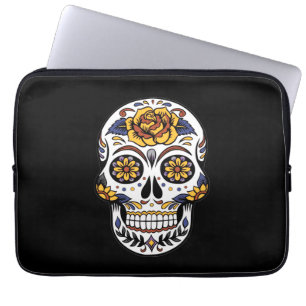 Gelber Rosenzucker-Schädel auf schwarz Laptopschutzhülle