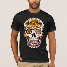 Gelber Rosenzucker-Schädel auf schwarzem T - Shirt
