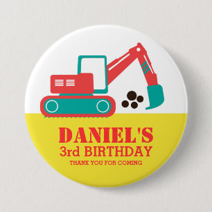 Gelber roter Cartoon-Bagger-Kindergeburtstag-Knopf Button