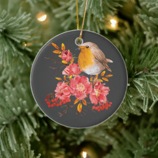 Gelber Rotkehlchen und rote Pfeffer Keramik Ornament