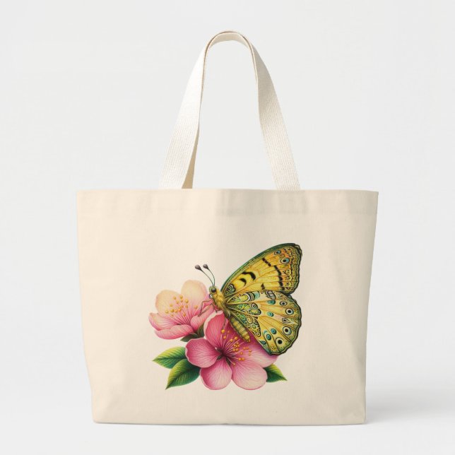 Gelber Schmetterling auf Kirschblüten Jumbo Stoffbeutel (Vorne)