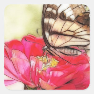 Gelber Schmetterling auf Zinnia Quadratischer Aufkleber