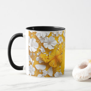 Gelber Schmetterling mit kleinen weißen Blume Tass Tasse
