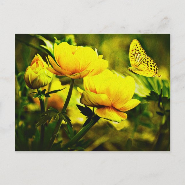 Gelber Schmetterling und die Rose Postkarte (Vorderseite)
