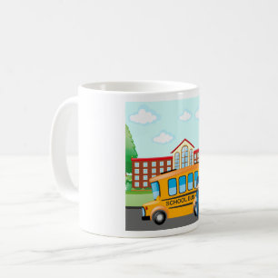 Gelber Schulbus mit Fahrer und Schulgebäude Kaffeetasse