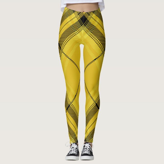 Gelber schwarzer Trendy diagonaler Tartan kariert Leggings (Vorderseite)
