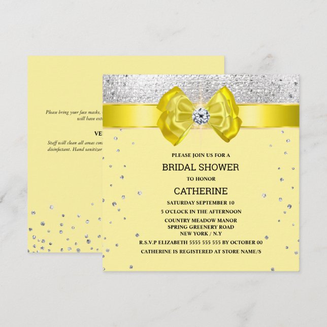 Gelber silberner Glitzer mit elegantem, schicken F Einladung (Vorne/Hinten)